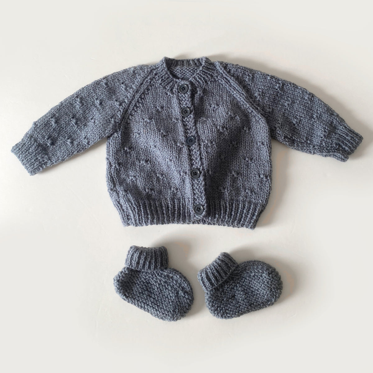 3-6M grey popcorn hand-knitted cardigan and booties set