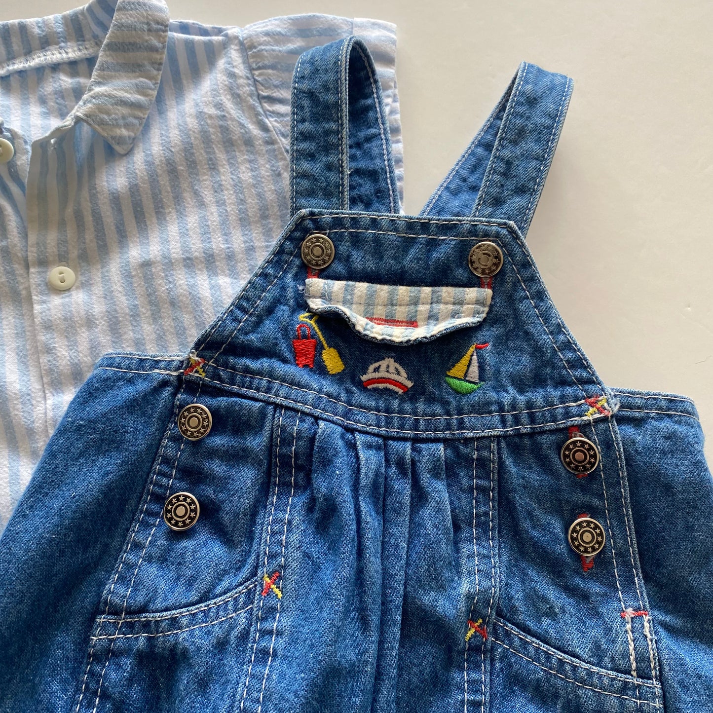 0-3M St Michael's vintage denim dungarees and blue stripe shirt set