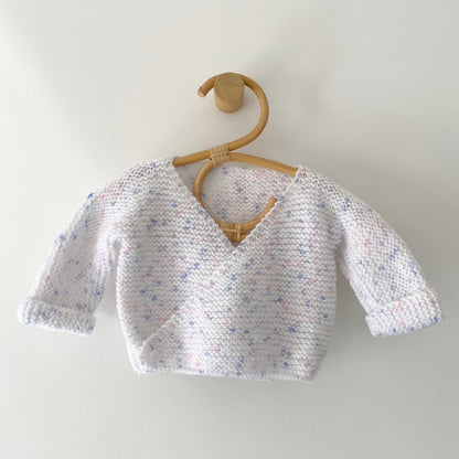 0-3M white with lilac fleck wrap hand-knitted cardigan