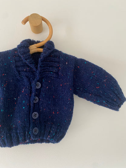 0-3M navy blue fleck hand-knitted cardigan with collar