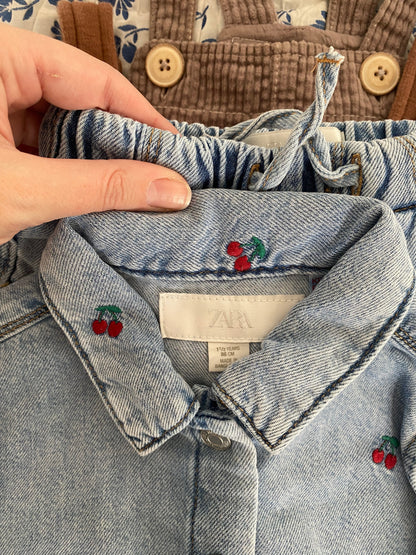 12-18M Zara cherry embroidered denim waistcoat and wide leg jeans set co-ord