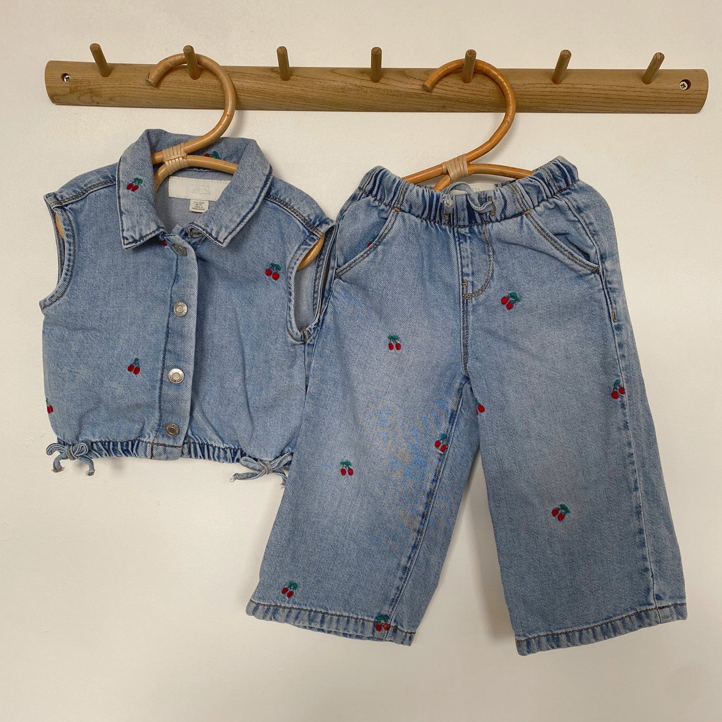 12-18M Zara cherry embroidered denim waistcoat and wide leg jeans set co-ord
