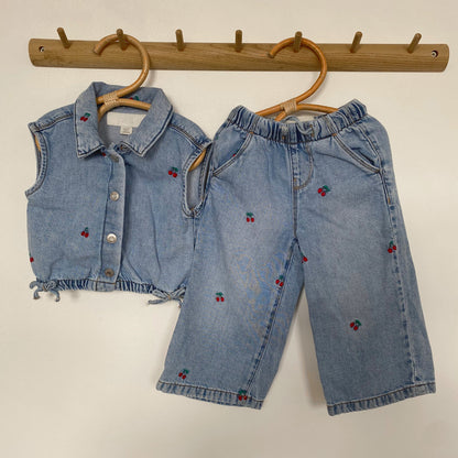 12-18M Zara cherry embroidered denim waistcoat and wide leg jeans set co-ord