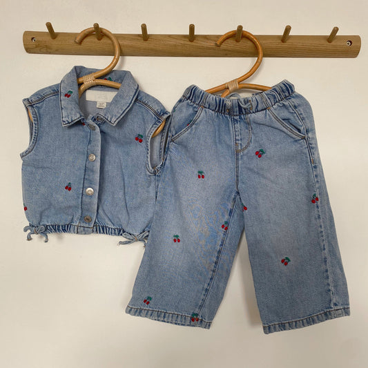12-18M Zara cherry embroidered denim waistcoat and wide leg jeans set co-ord