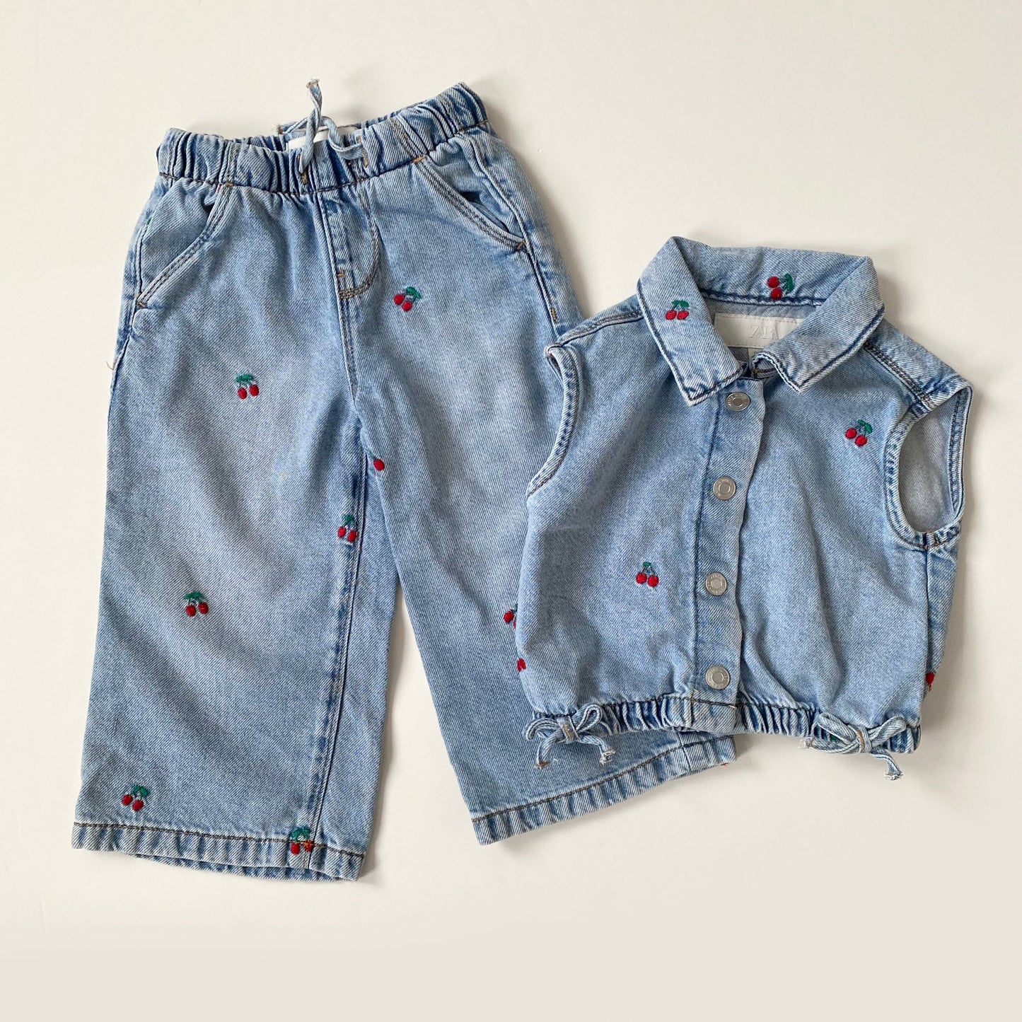 12-18M Zara cherry embroidered denim waistcoat and wide leg jeans set co-ord