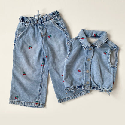 12-18M Zara cherry embroidered denim waistcoat and wide leg jeans set co-ord