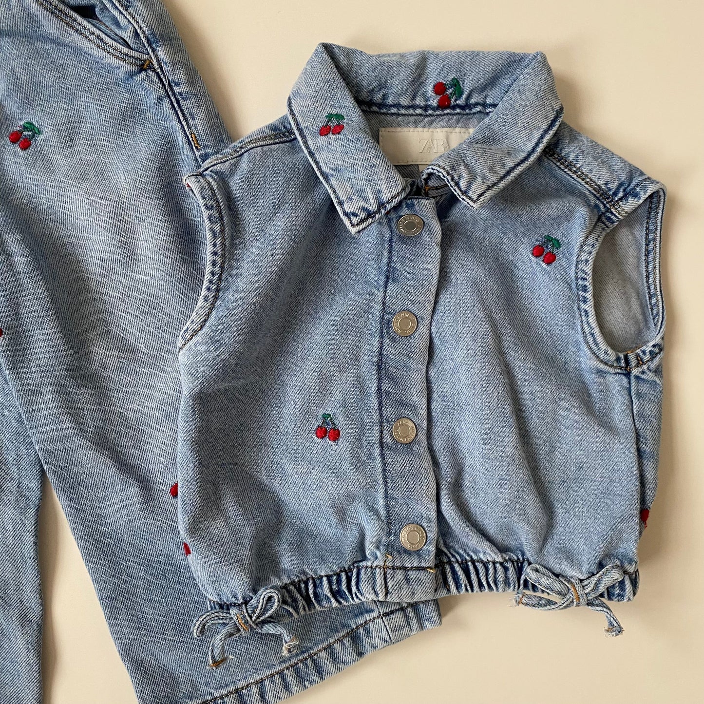 12-18M Zara cherry embroidered denim waistcoat and wide leg jeans set co-ord