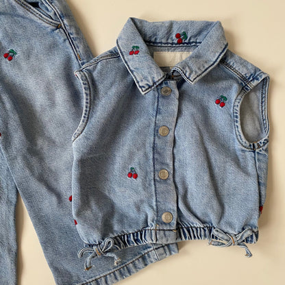 12-18M Zara cherry embroidered denim waistcoat and wide leg jeans set co-ord