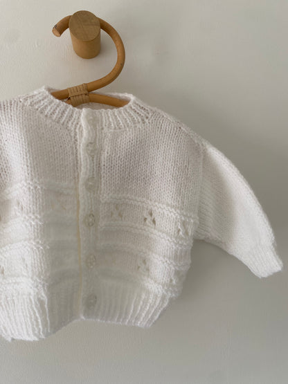 3-6M white patterned hand-knitted cardigan