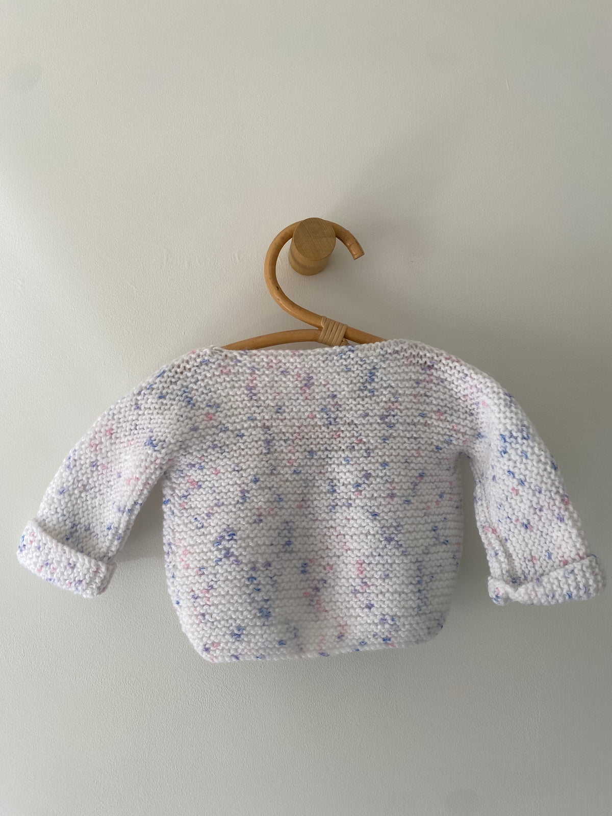 0-3M white with lilac fleck wrap hand-knitted cardigan