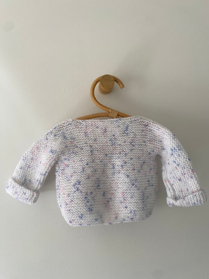 0-3M white with lilac fleck wrap hand-knitted cardigan