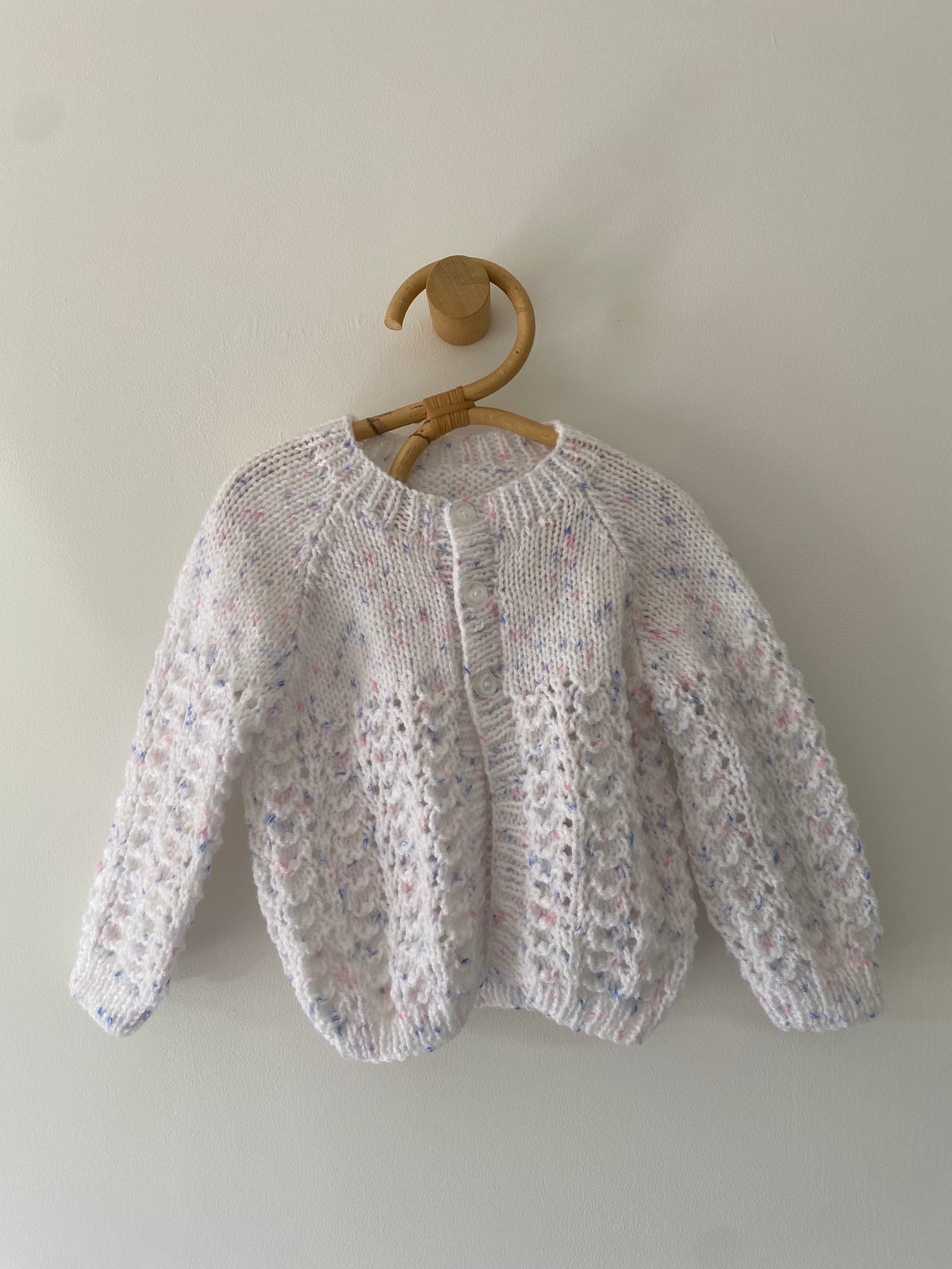 6-9M white with lilac fleck textured hand-knitted cardigan
