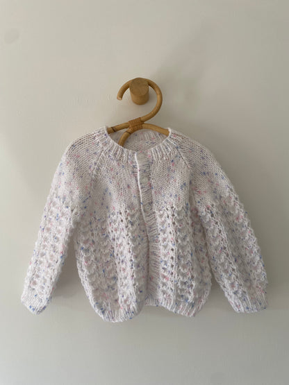 6-9M white with lilac fleck textured hand-knitted cardigan