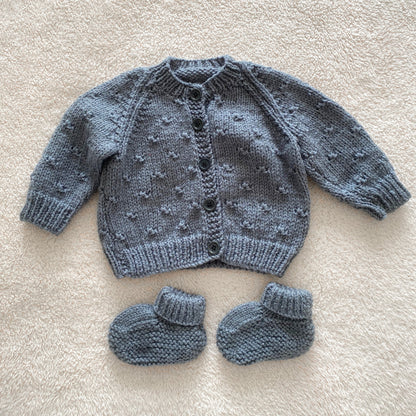 3-6M grey popcorn hand-knitted cardigan and booties set