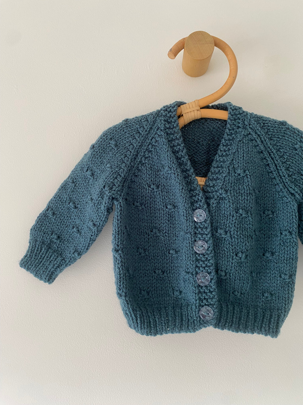 0-3M teal popcorn hand-knitted cardigan