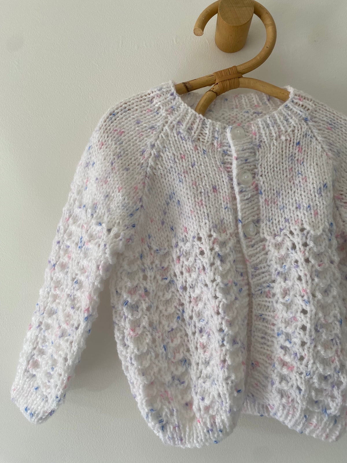 6-9M white with lilac fleck textured hand-knitted cardigan