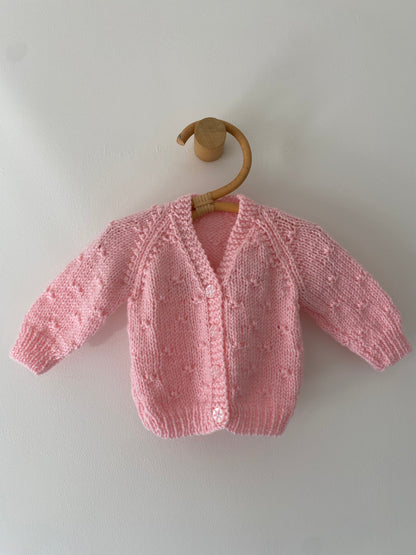 0-3M pink popcorn hand-knitted cardigan