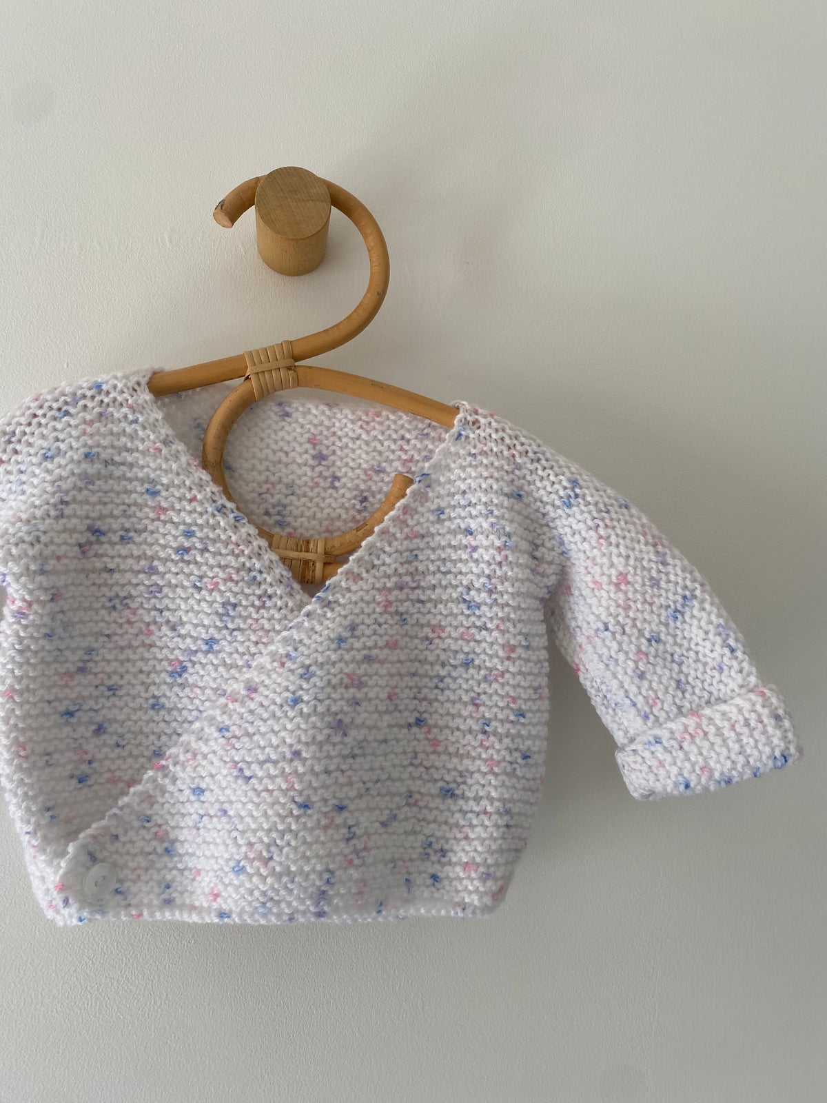 0-3M white with lilac fleck wrap hand-knitted cardigan