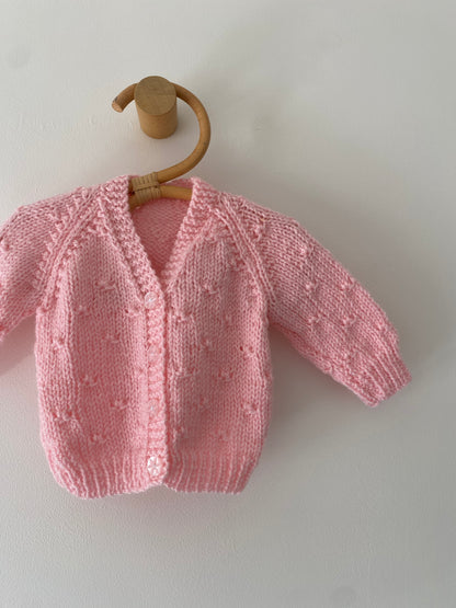 0-3M pink popcorn hand-knitted cardigan