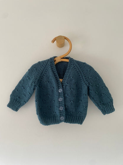 0-3M teal popcorn hand-knitted cardigan