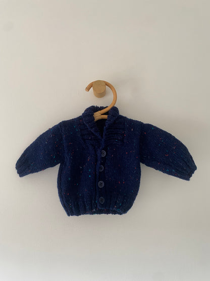 0-3M navy blue fleck hand-knitted cardigan with collar