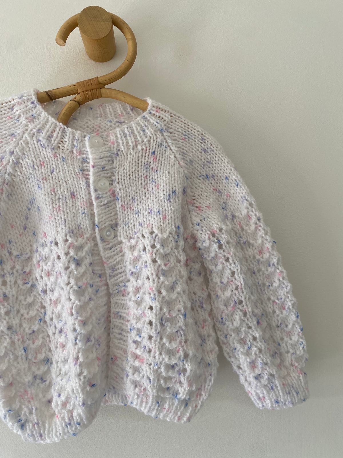 6-9M white with lilac fleck textured hand-knitted cardigan