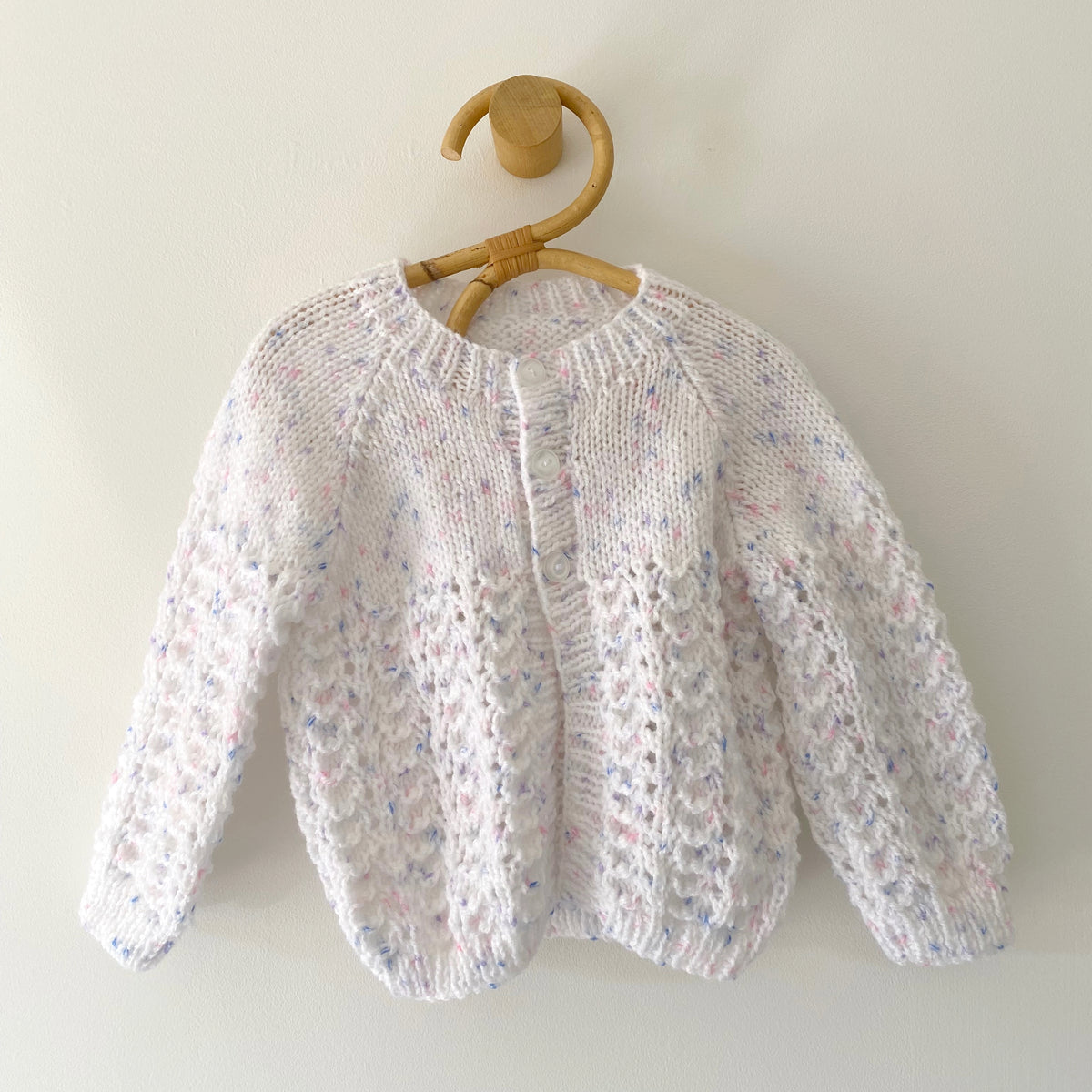 6-9M white with lilac fleck textured hand-knitted cardigan