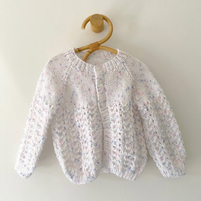 6-9M white with lilac fleck textured hand-knitted cardigan