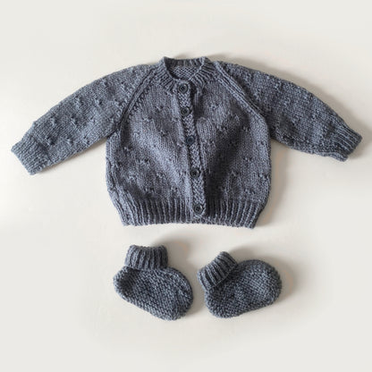3-6M grey popcorn hand-knitted cardigan and booties set