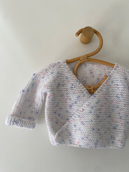0-3M white with lilac fleck wrap hand-knitted cardigan