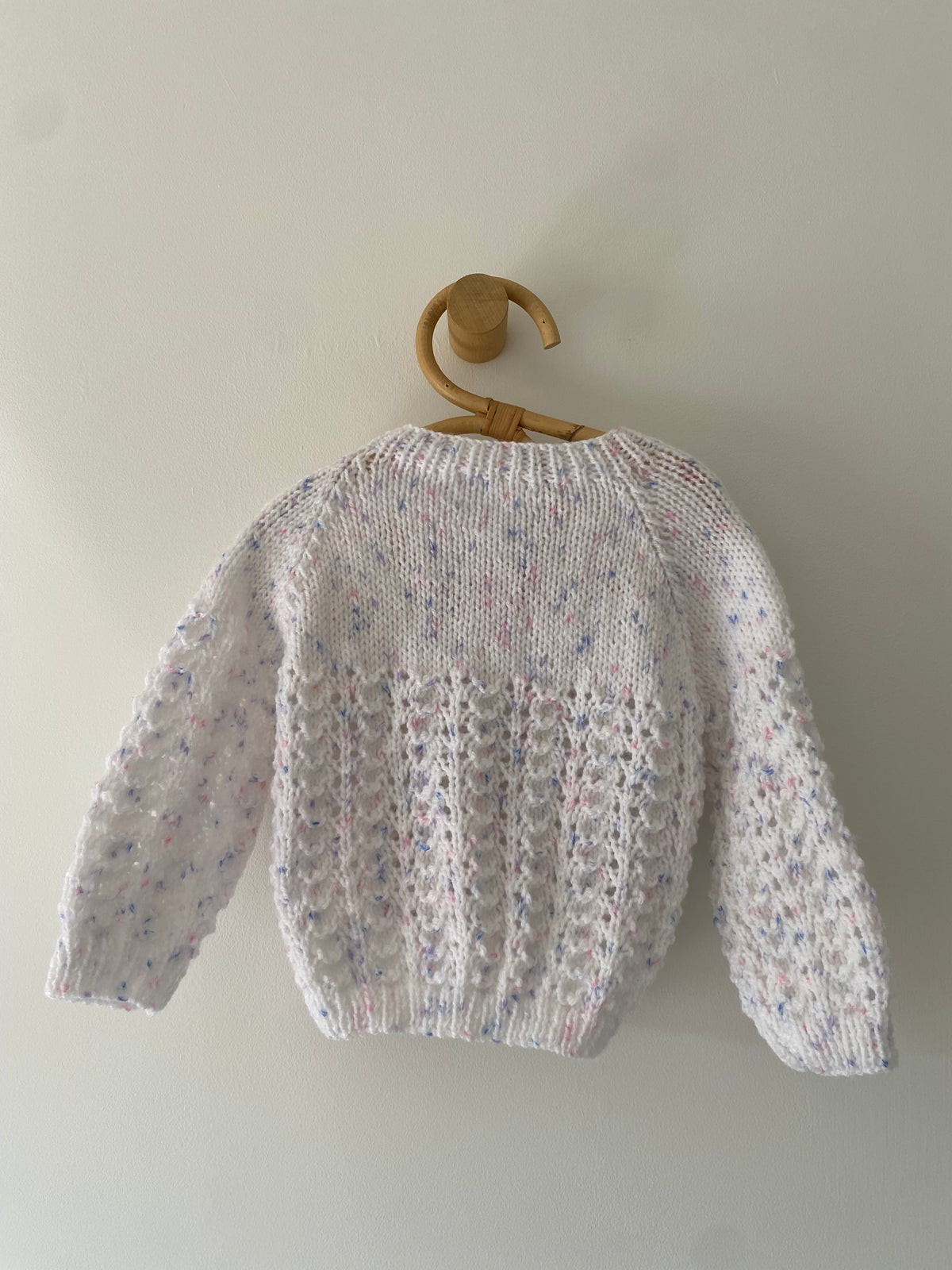 6-9M white with lilac fleck textured hand-knitted cardigan