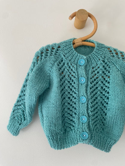 3-6M turquoise patterned hand-knitted cardigan
