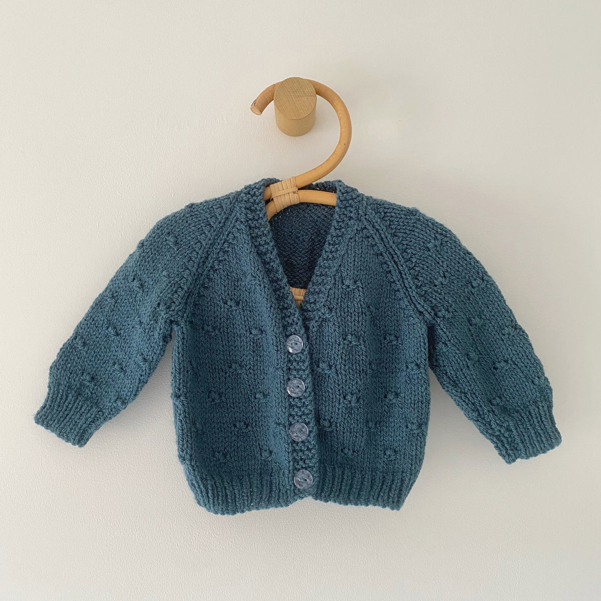 0-3M teal popcorn hand-knitted cardigan