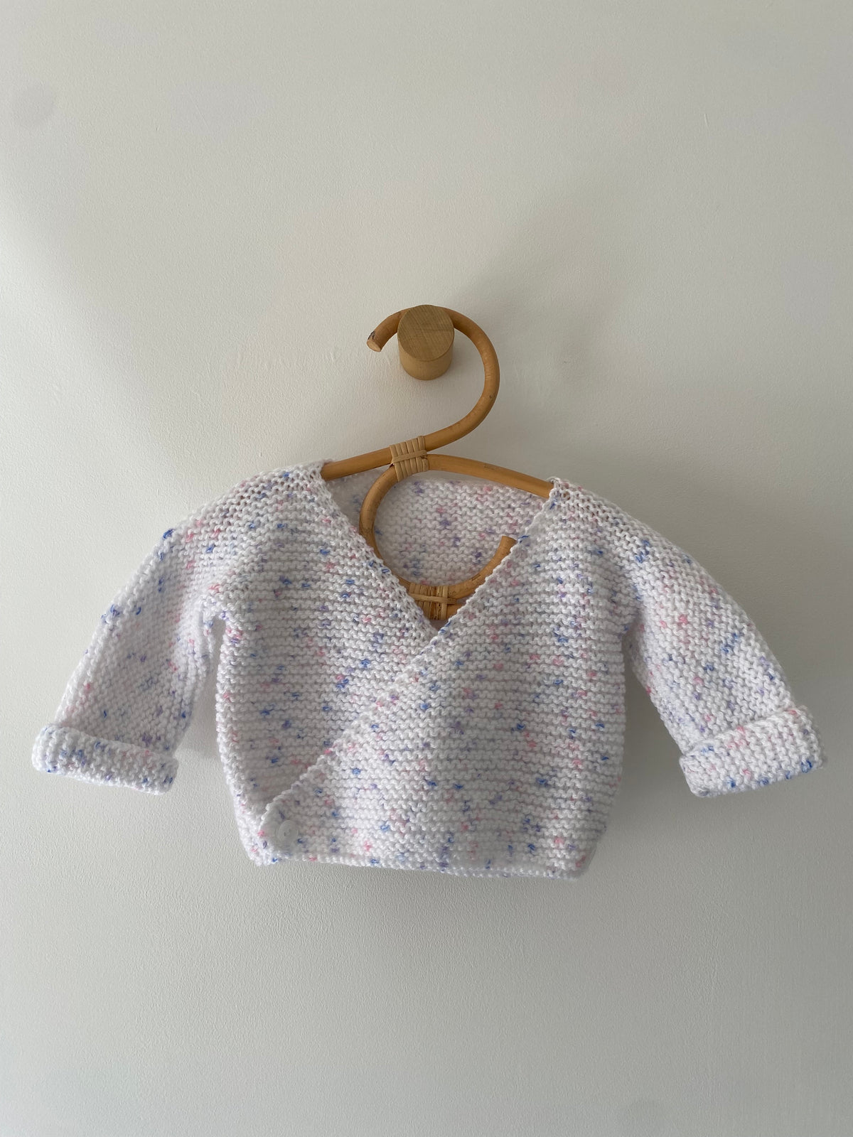 0-3M white with lilac fleck wrap hand-knitted cardigan