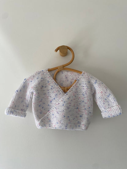0-3M white with lilac fleck wrap hand-knitted cardigan