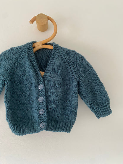 0-3M teal popcorn hand-knitted cardigan
