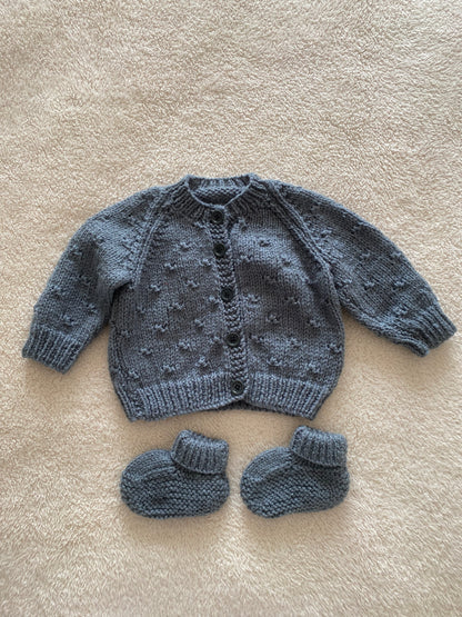 3-6M grey popcorn hand-knitted cardigan and booties set