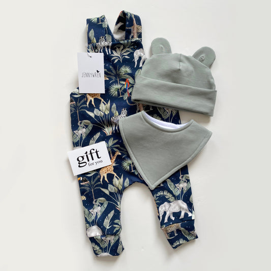 0-3 months navy safari dungarees, sage green bear hat and bandana bib set