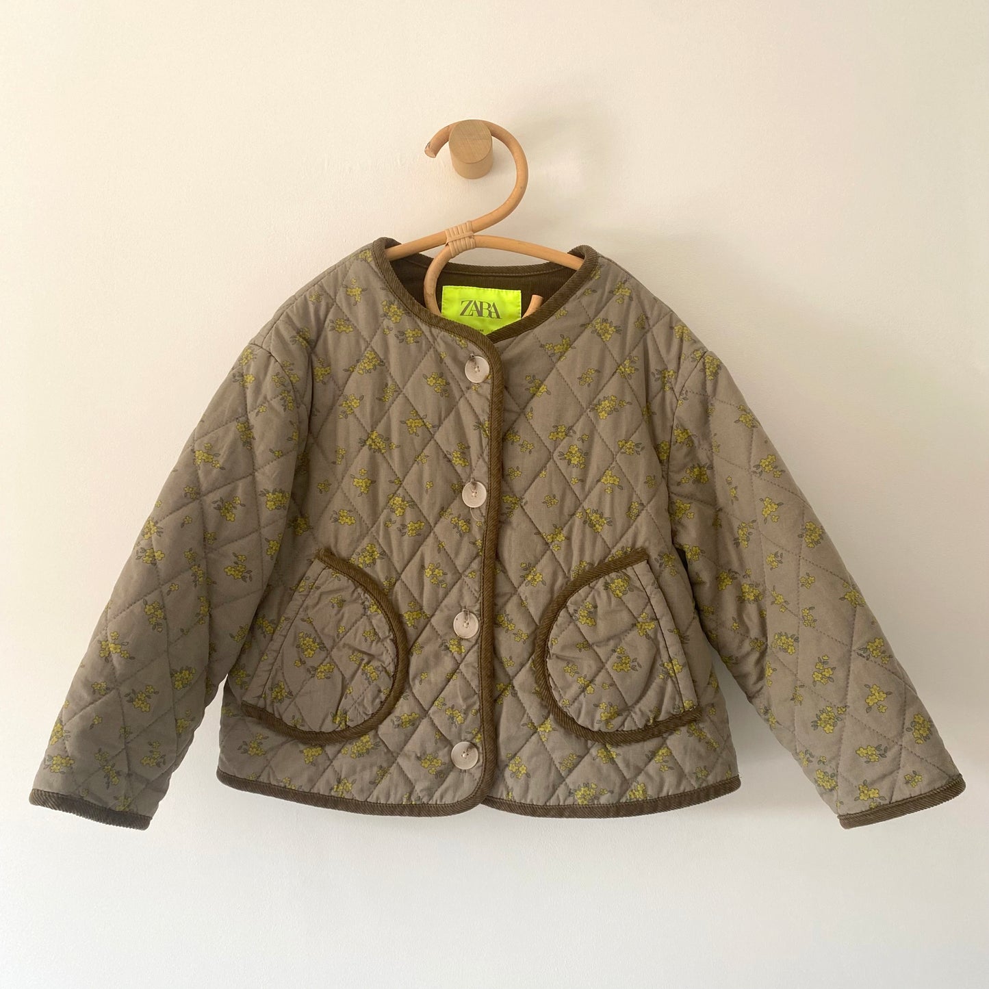 4-5Y Zara khaki green with yellow floral quilted jacket