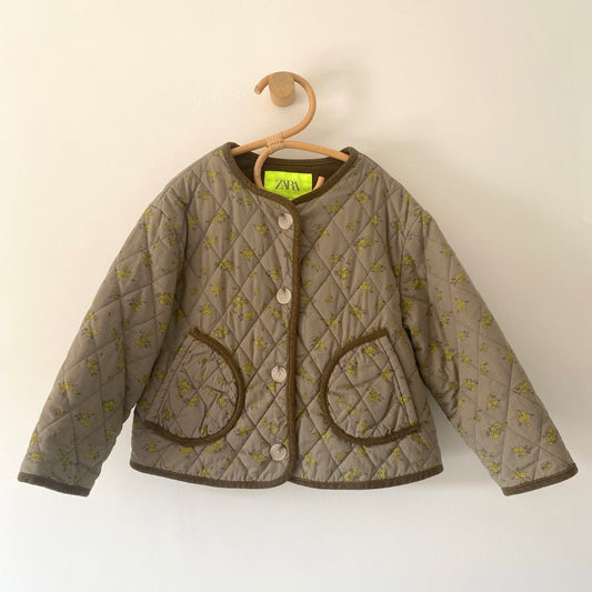 4-5Y Zara khaki green with yellow floral quilted jacket