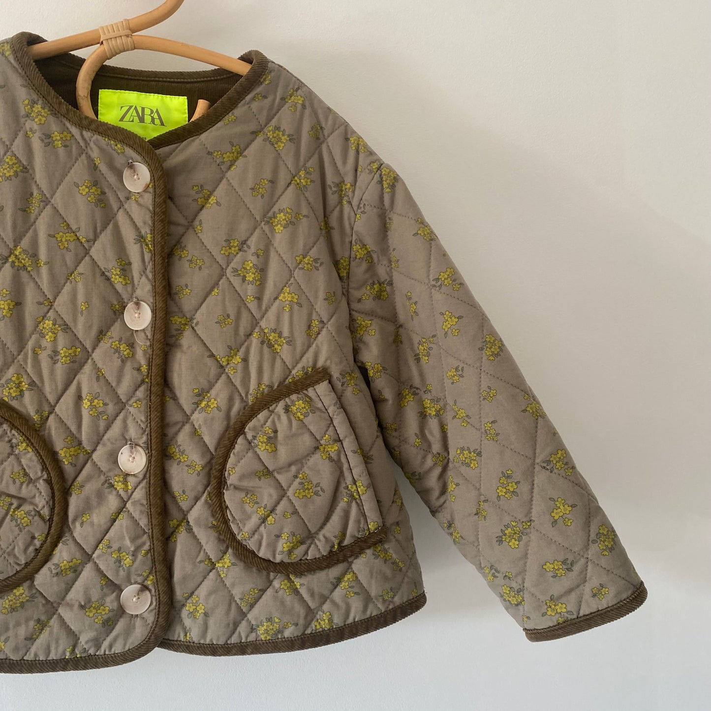 4-5Y Zara khaki green with yellow floral quilted jacket
