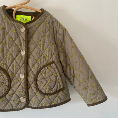 4-5Y Zara khaki green with yellow floral quilted jacket
