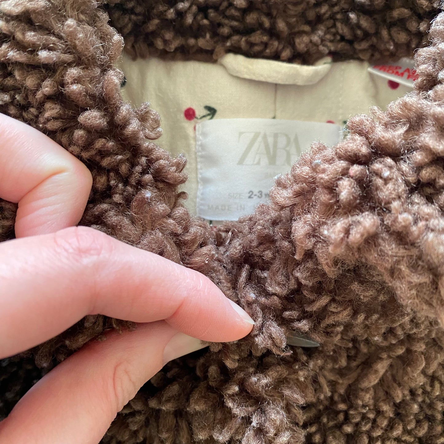 2-3Y Zara brown teddy borg coat with cherry lining
