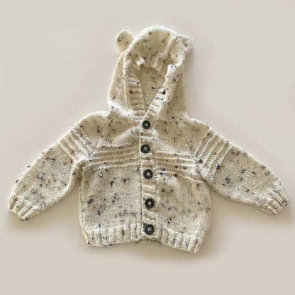 6-12M mottled cream hand-knitted cardigan with bear hood - new
