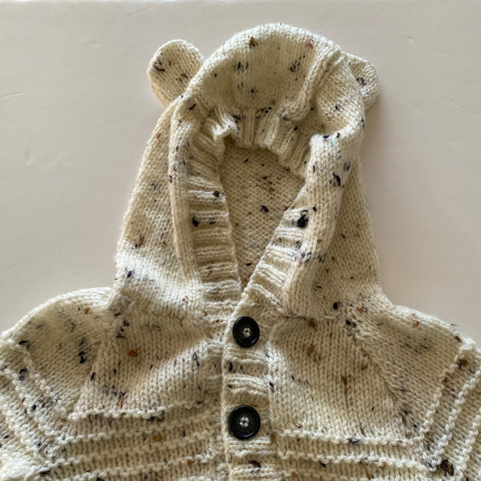 6-12M mottled cream hand-knitted cardigan with bear hood - new