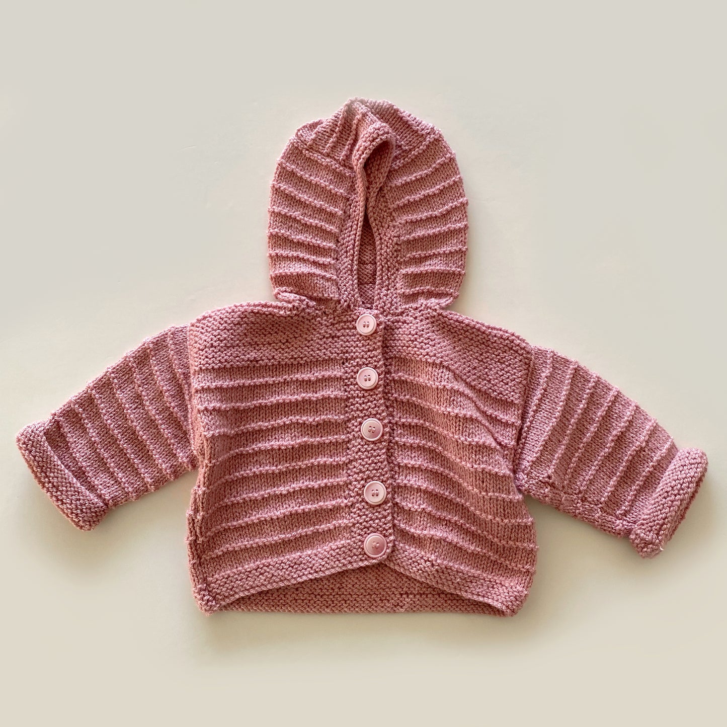 6-12M dusky pink hand-knitted cardigan with hood - new