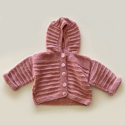 6-12M dusky pink hand-knitted cardigan with hood - new
