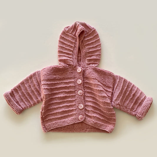 6-12M dusky pink hand-knitted cardigan with hood - new