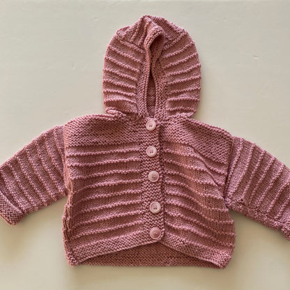 6-12M dusky pink hand-knitted cardigan with hood - new