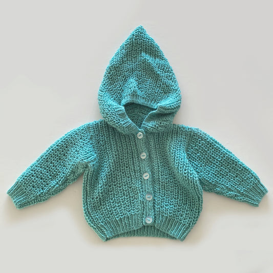 6-12M teal hand-knitted cardigan with pixie hood - new